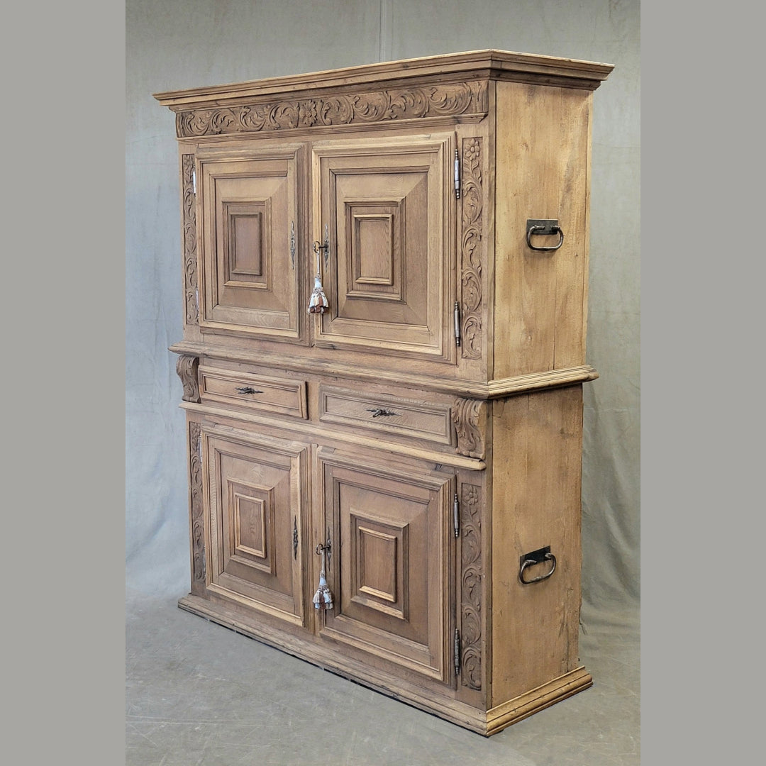 Antique French Bleached Oak and Pine Deux Corps Carved Cupboard With Blue French Ticking Interior