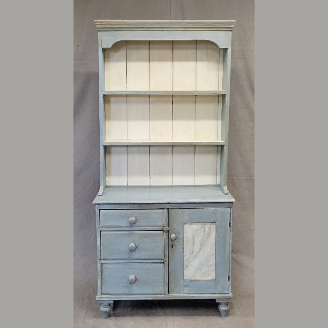 Antique Swedish Blue Faux Marble Painted Pine China Hutch