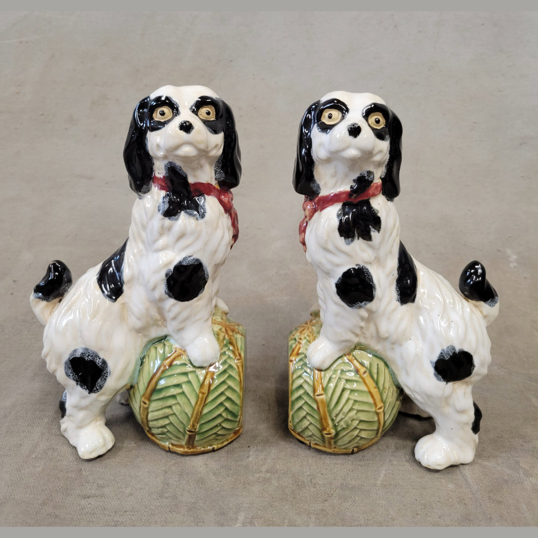 Vintage Majolica Staffordshire Cavalier King Charles Spaniel Bookends - a Pair