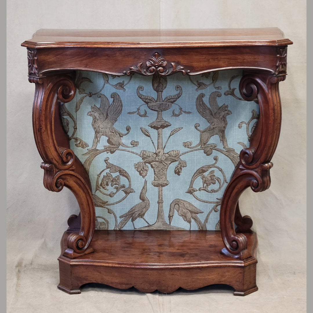 Antique Louis Phillipe Console Table or Server With Thibaut Renaissance Fabric Panel