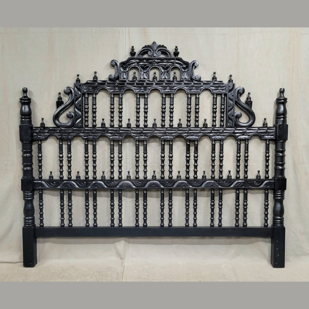 Vintage Spanish Colonial Revival Carved Wood "Pagoda" King Size Headboard