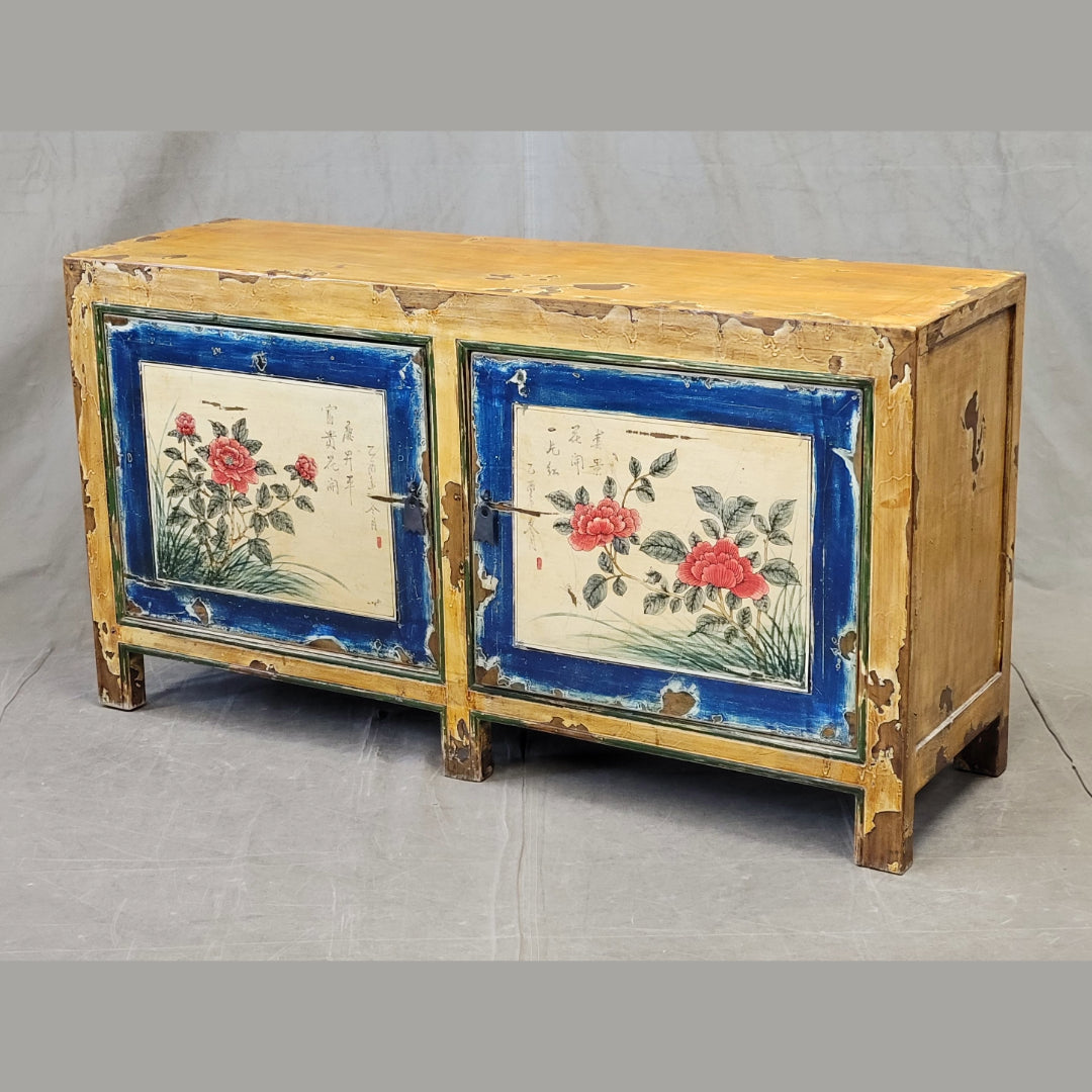 Vintage Chinese Distressed Lacquer Storage Cabinet Console With Floral Motif
