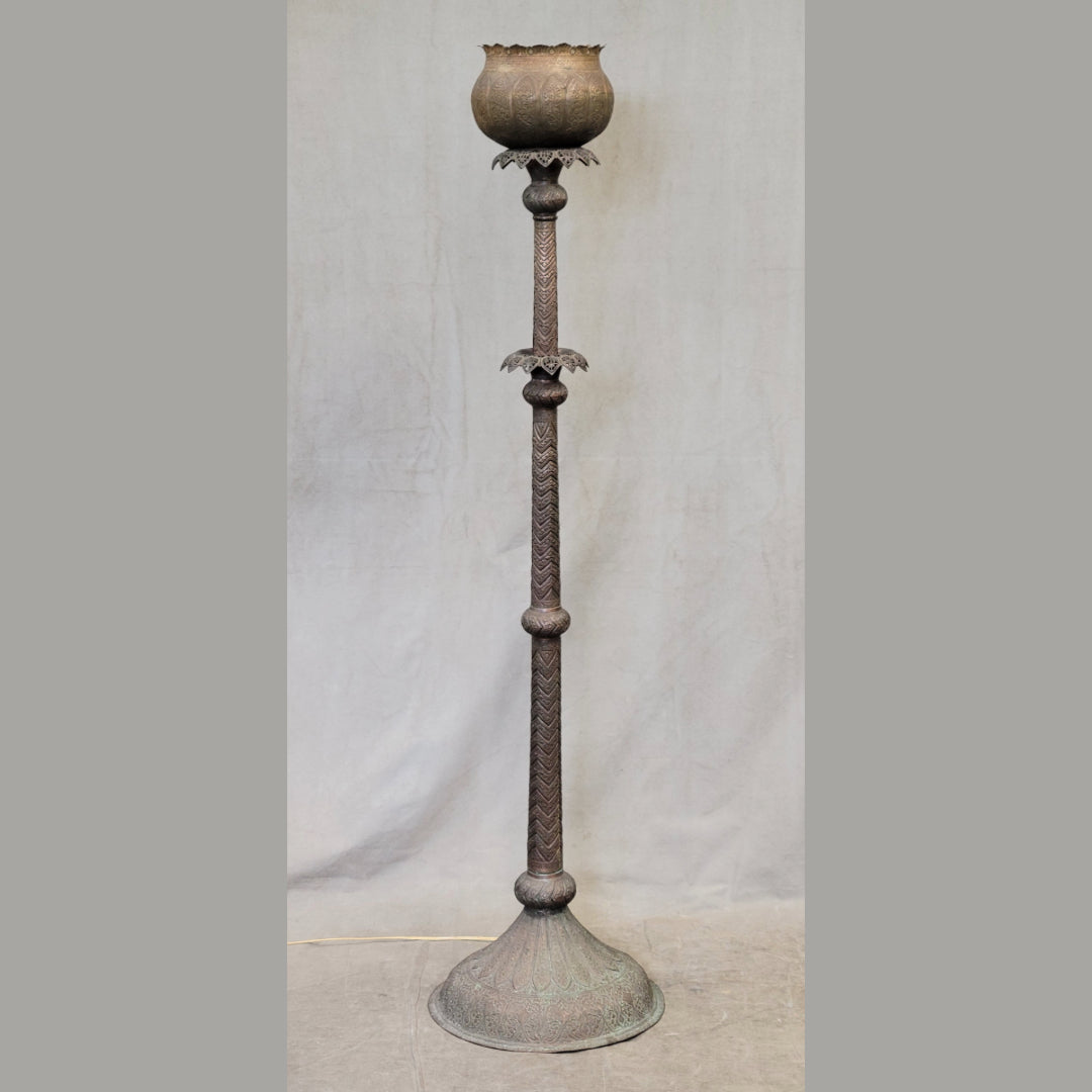 Antique Middle Eastern Moroccan Moorish Incised Copper Floor Lamp Torchiere