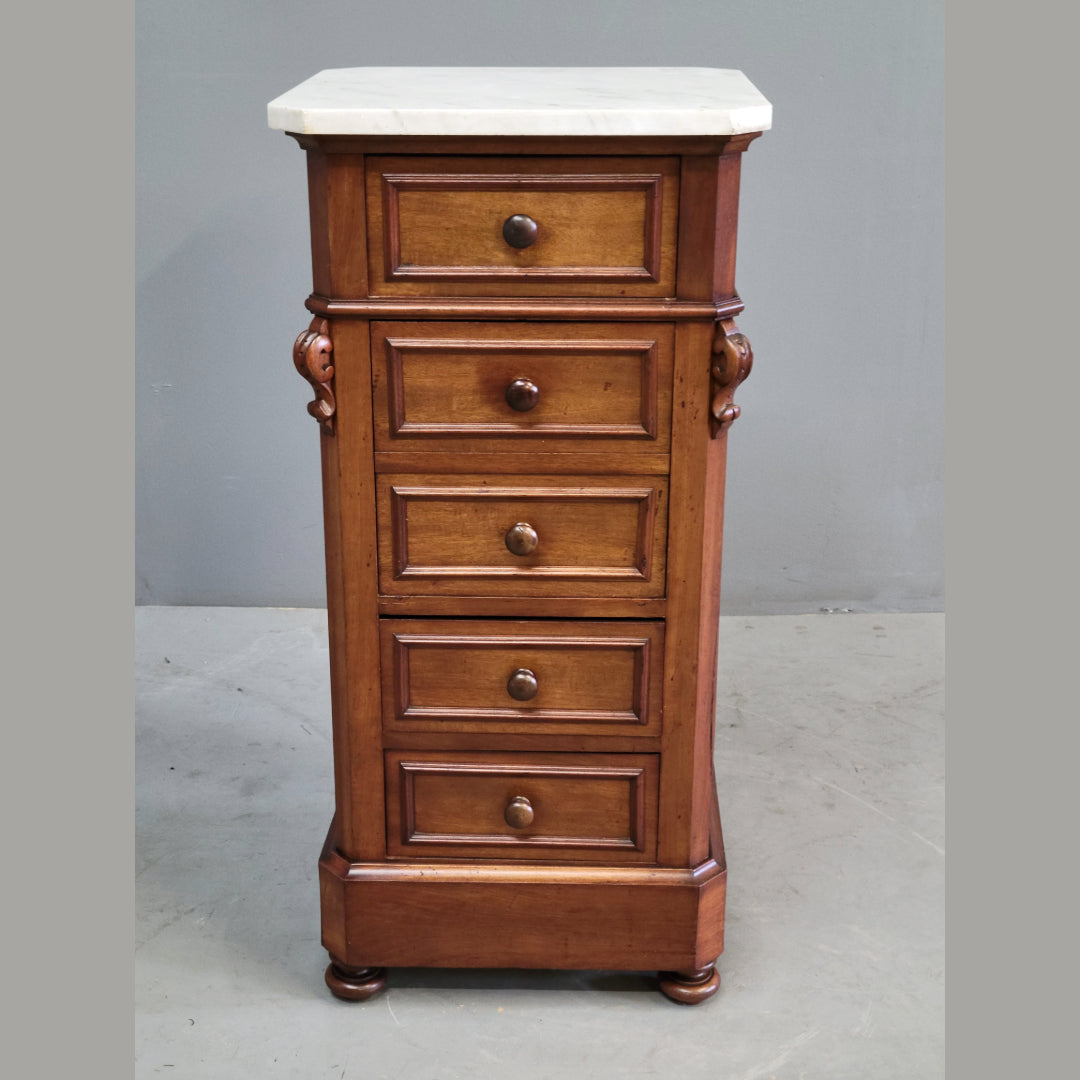 Antique 1860s English Mahogany and Carrera Marble Nightstand/Pot Cupboard With Drawers