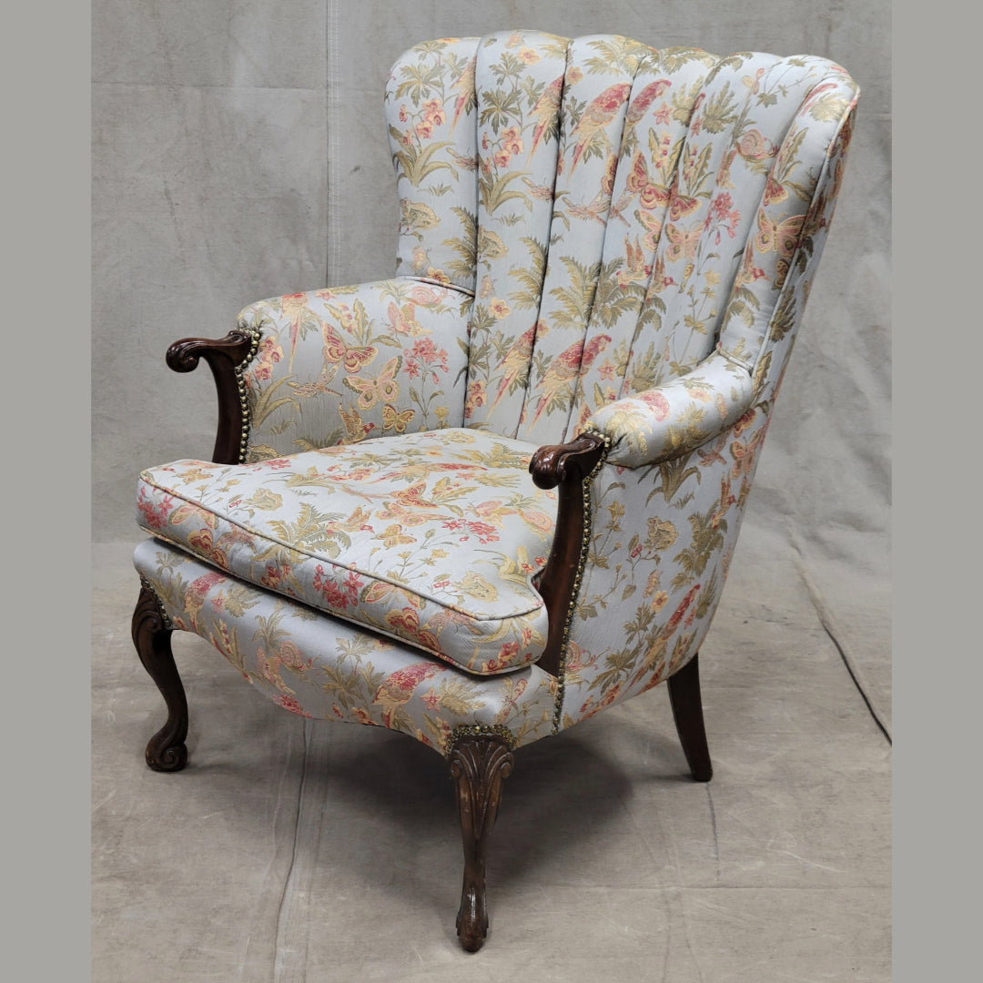 Vintage 1930s Art Deco Fan Back Bergere Chair With Kravet Parrot and Butterfly Damask Fabric