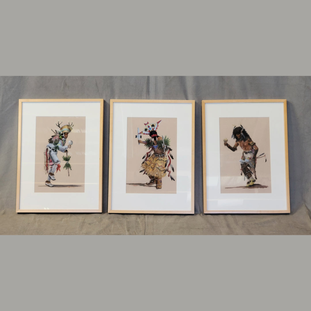 Native American Original John M. Flores Pastel Drawings in Maple Frames - Set of 3