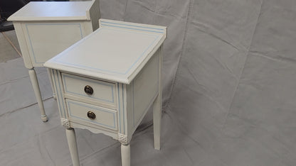 Vintage White Nightstands With Blue Striping - a Pair