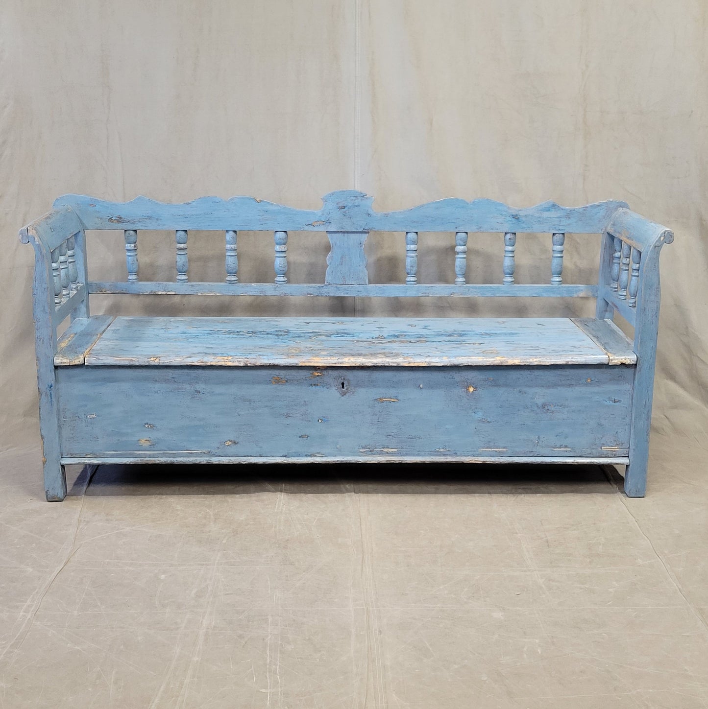 Antique Pine Hungarian Storage Bench With Old Blue Paint