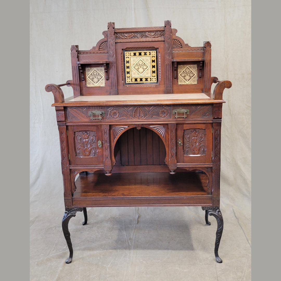 Antique English Aesthetic Movement Walnut, Marble and Minton Tile Sideboard