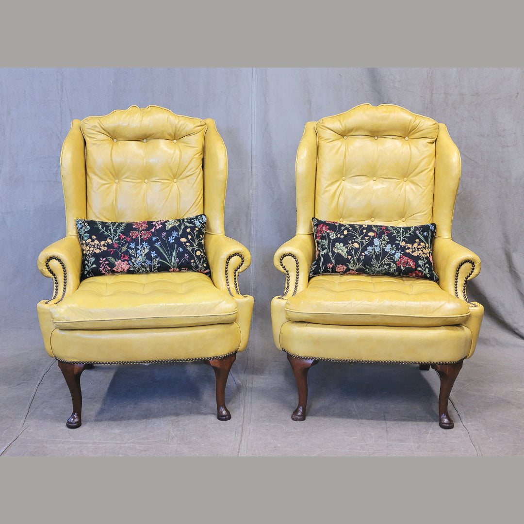 Vintage Classic Brand Top Grain Yellow Leather Chesterfield Chairs - a Pair