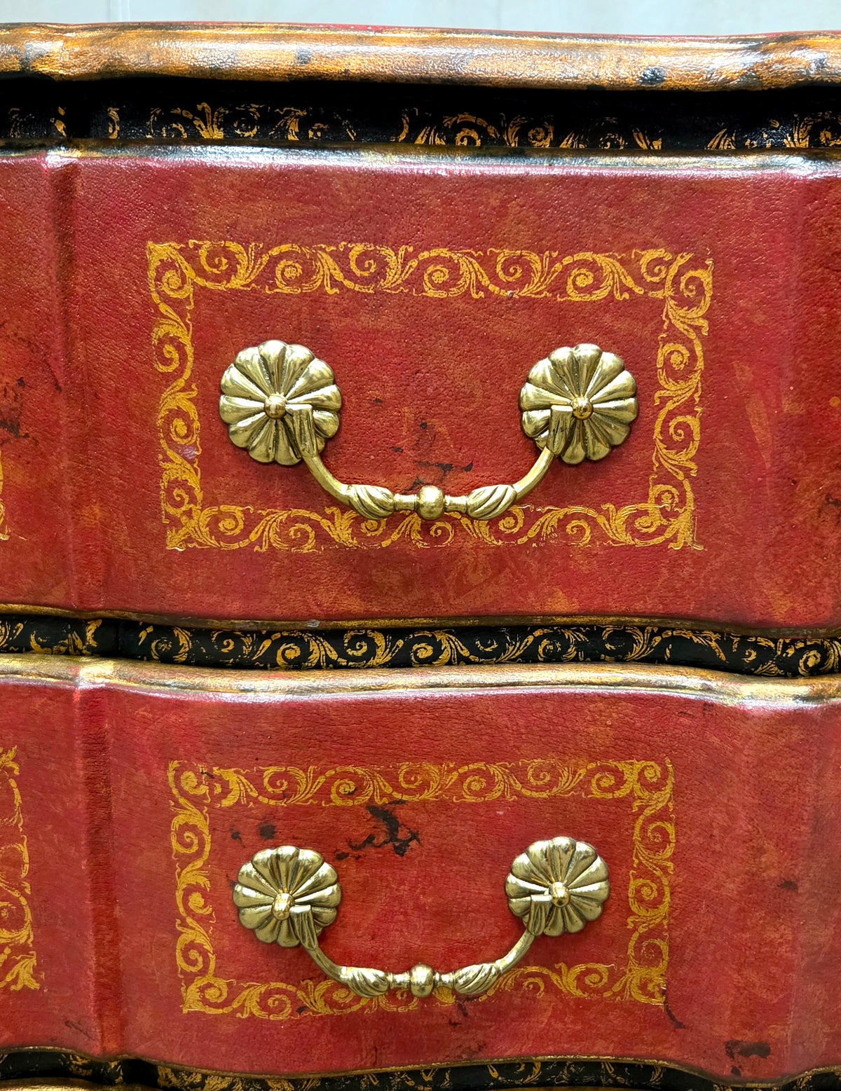 Vintage Theodore Alexander Red Leather Wrapped Serpentine Chest of Drawers