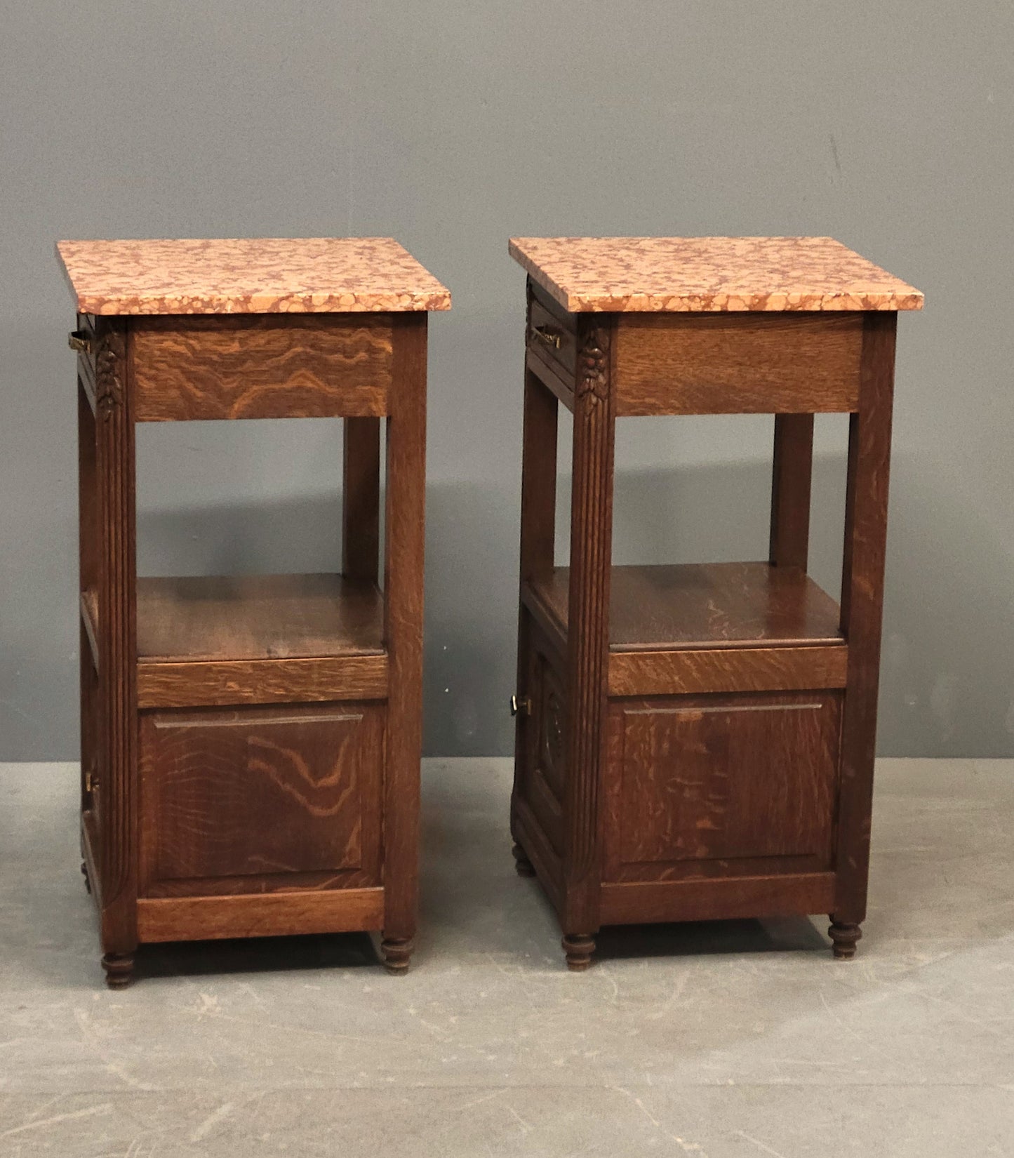 Antique European Oak and Italian Marble Pot Cupboards Nightstands - a Pair