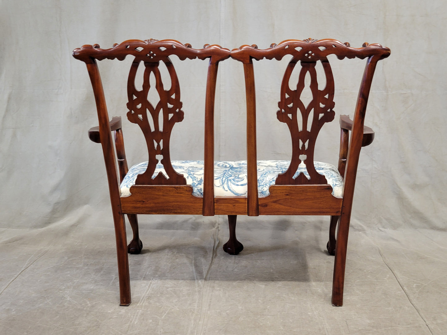 Vintage Mahogany Chippendale Bench With Schumacher Chinoiserie Upholstery