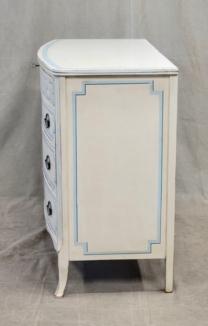 Vintage Painted Blue and White Trompe l'Oeil Bow Front Dresser With Greek Key Motif