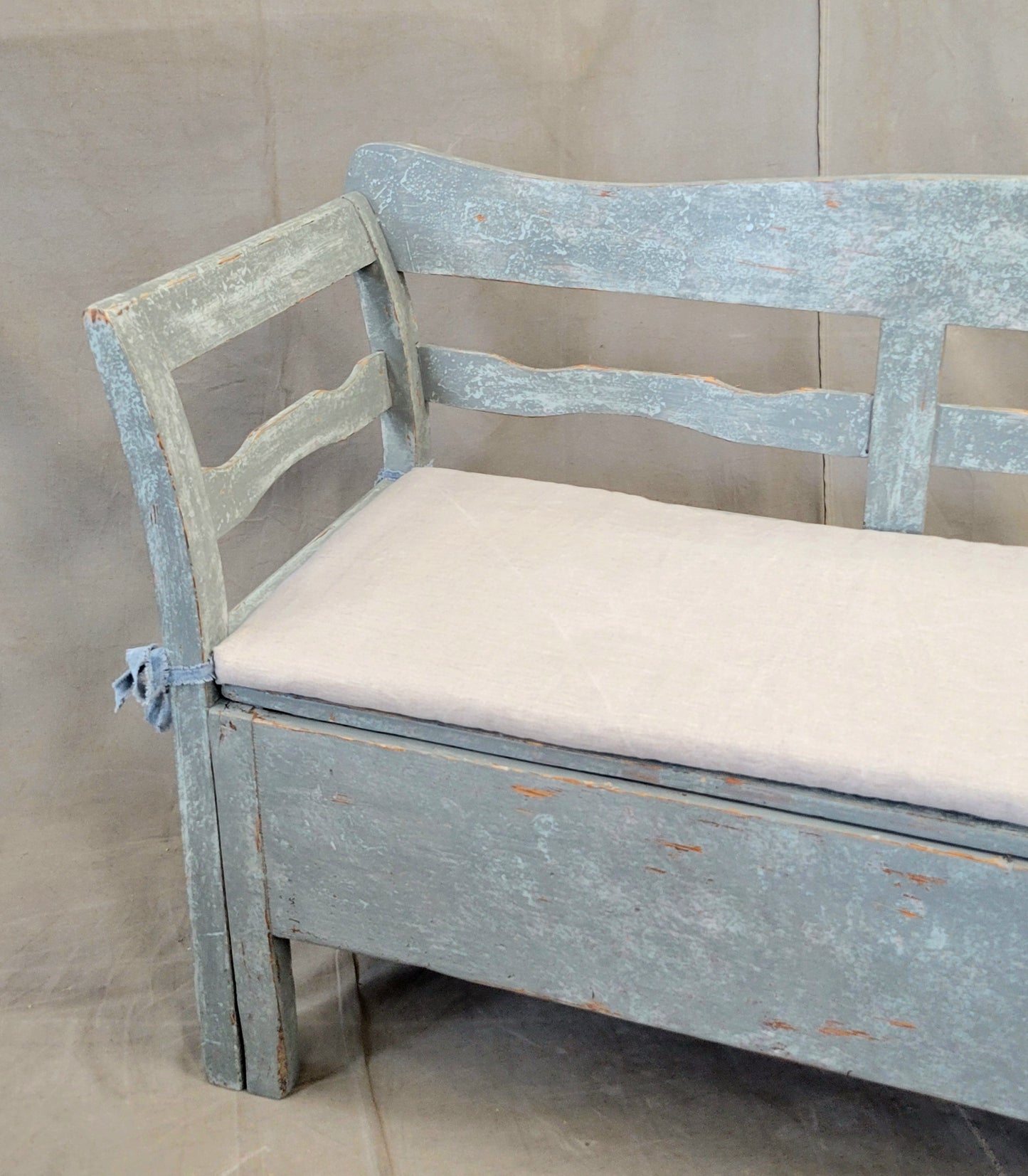 Antique 19th Century Swedish Storage Bench with Blue/Gray Paint and Linen Cushion