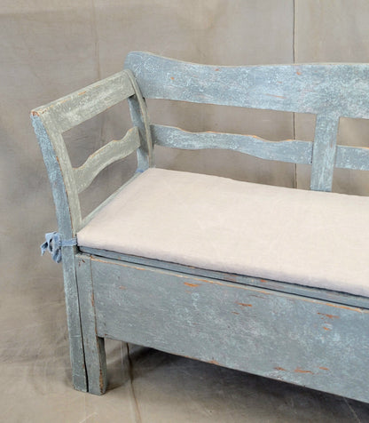 Antique 19th Century Swedish Storage Bench with Blue/Gray Paint and Linen Cushion