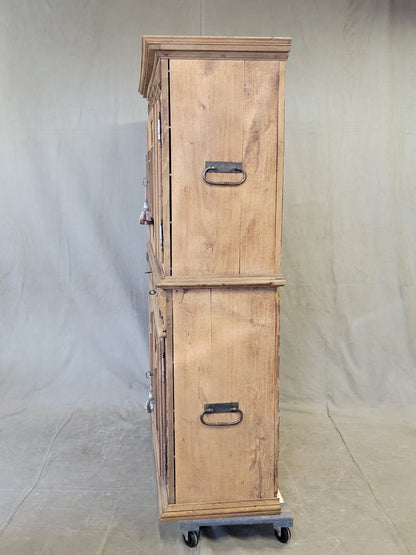 Antique French Bleached Oak and Pine Deux Corps Carved Cupboard With Blue French Ticking Interior