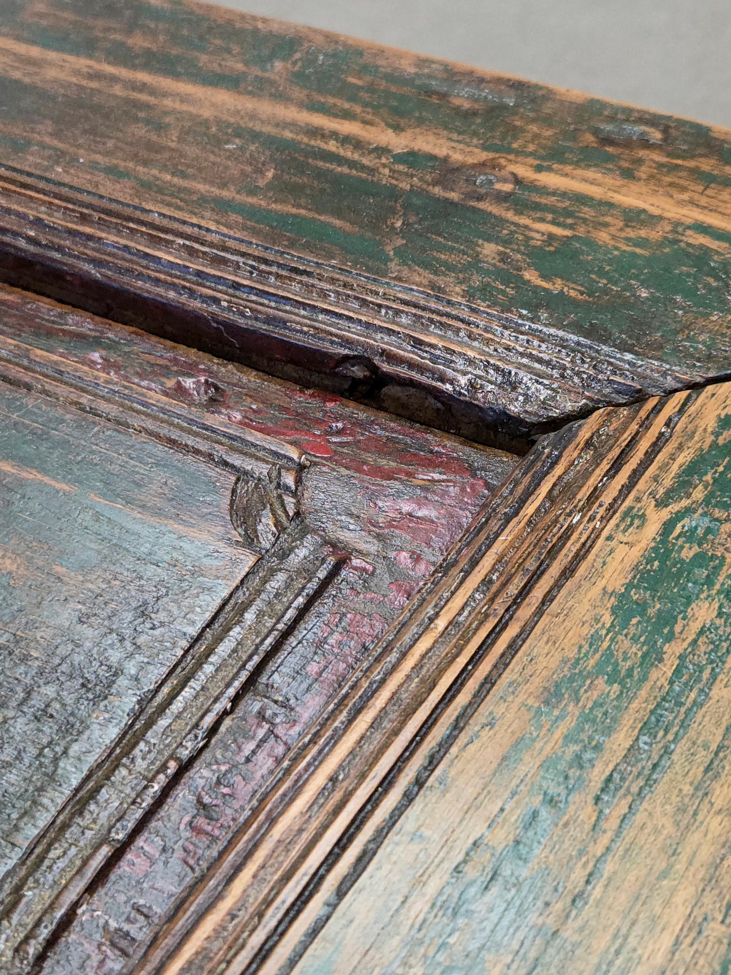 Vintage Teak Coffee Table Made From an Old Reclaimed Door With Green Paint