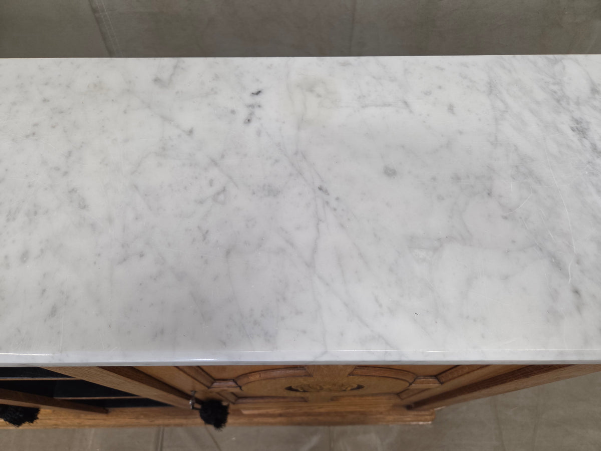 Antique Early 1900s Oak Console Cabinet With Doors, Shelves and a Marble Top