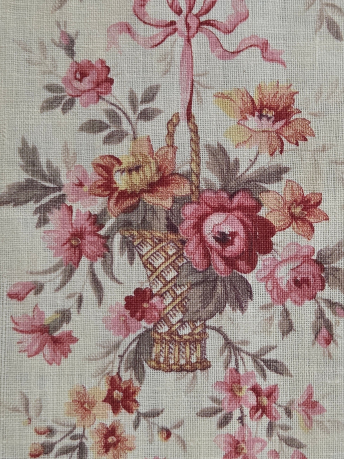 Antique 1920s French Cotton Curtain Panel, Pink and Brown Stripe With Florals