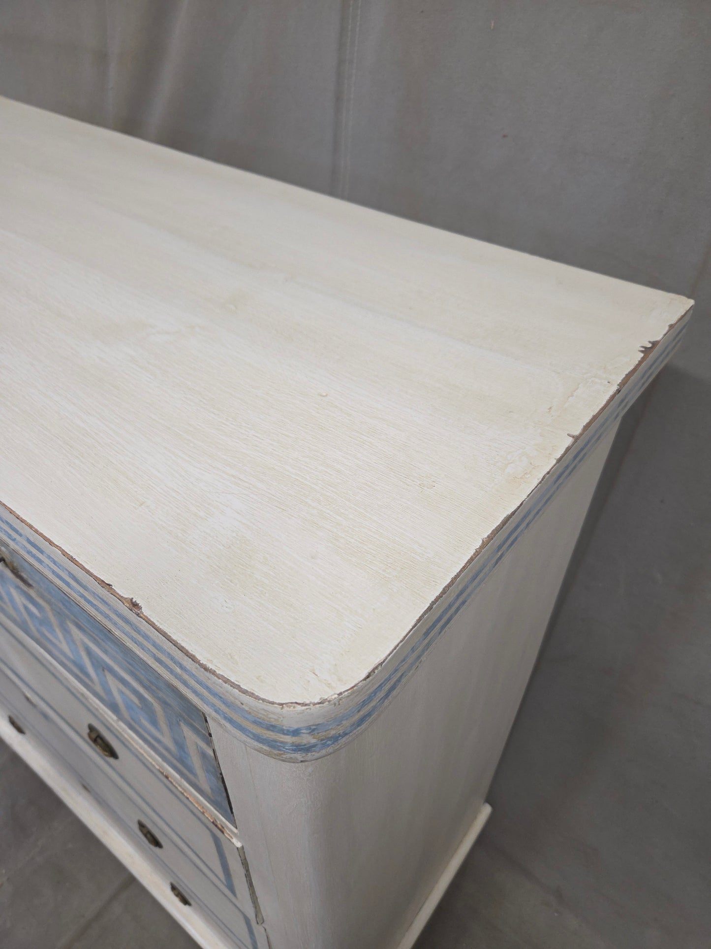 Antique English Pine Painted Dresser Chest of Drawers With Greek Key Motif