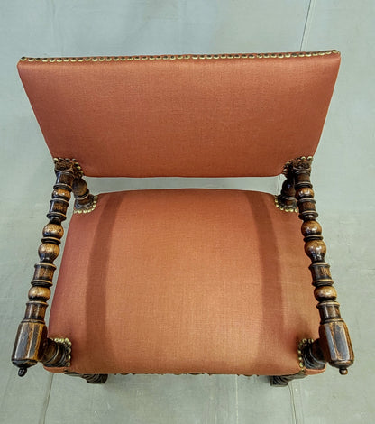 Antique European Renaissance Revival Chairs with Terracotta Linen Upholstery - a pair