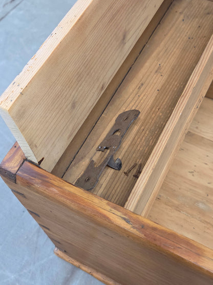 Antique German Natural Pine Storage Trunk with Original Iron Key