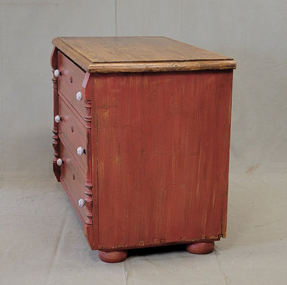 Antique European Pine Dresser With Red Distressed Paint and French Line Motif