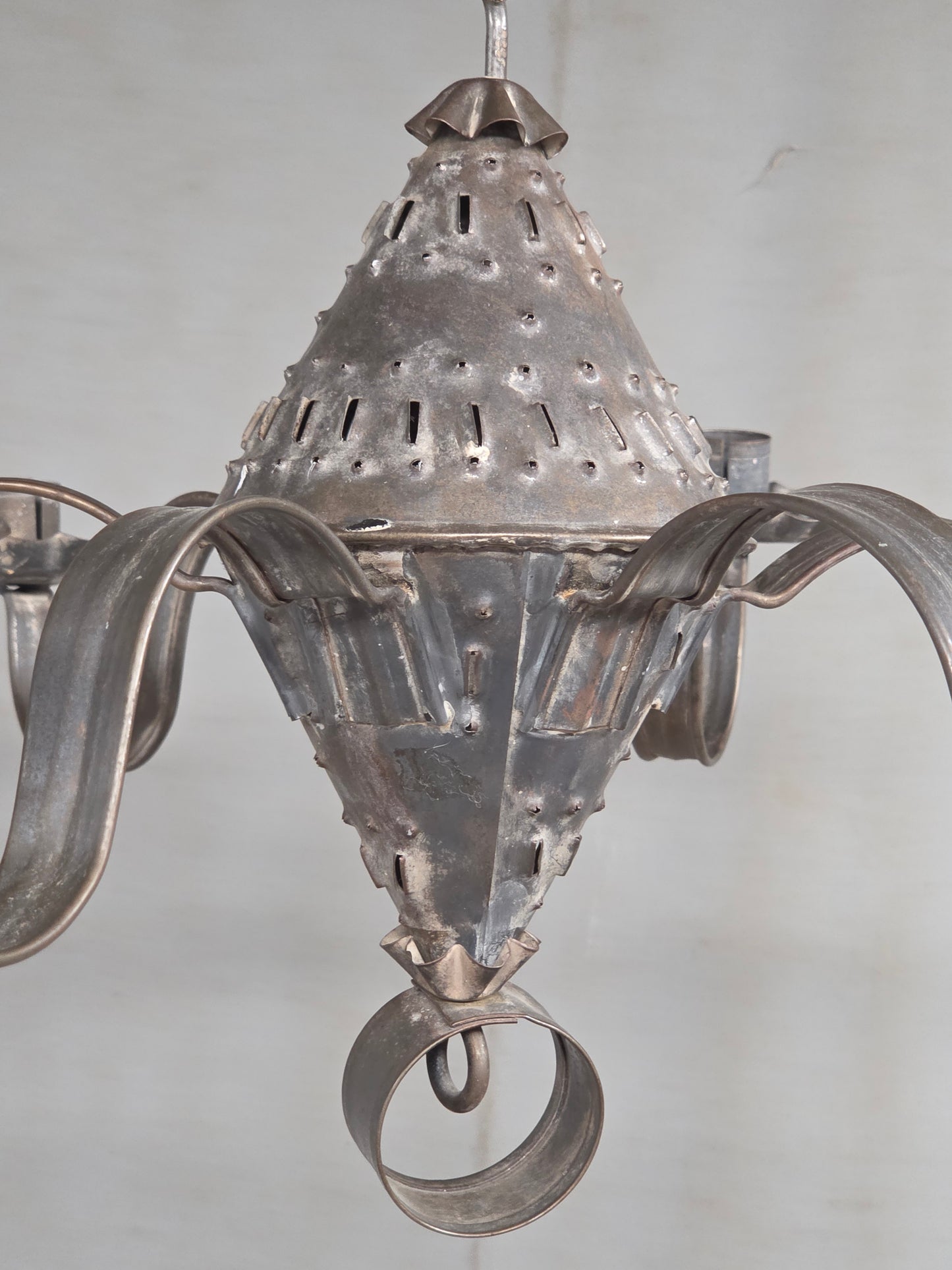 Antique Punched Tin Six-Arm Candle Chandelier, New Mexico, Spanish Colonial style