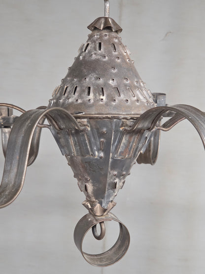 Antique Punched Tin Six-Arm Candle Chandelier, New Mexico, Spanish Colonial style