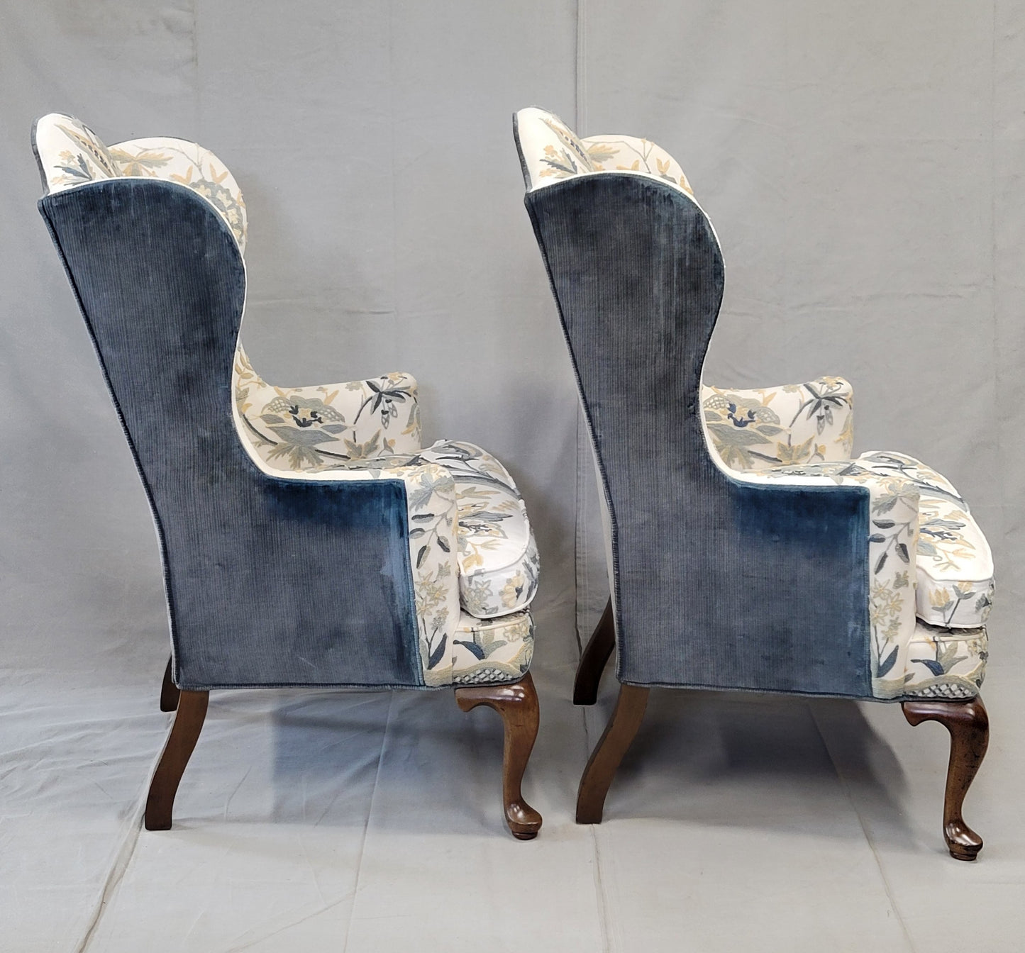 Vintage Woodmark Mary Webb Wood Blue "Tree of Life" Wingback Chairs - a Pair