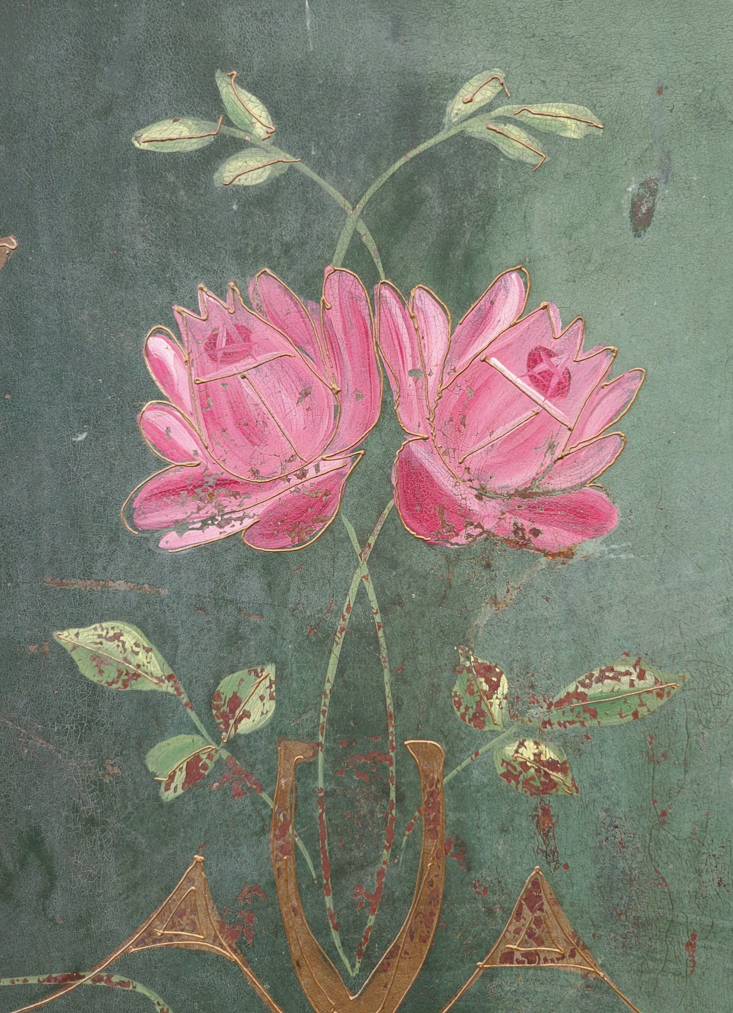 Antique French Art Nouveau Painted Iron and Brass Twin Headboard