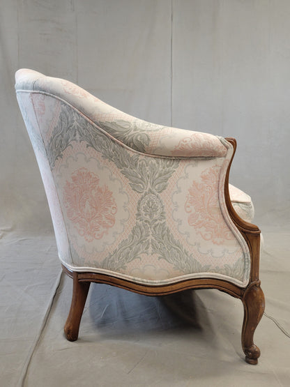 Vintage Damask French Style Camelback Loveseat With Down Cushion and Blush / Sage Upholstery