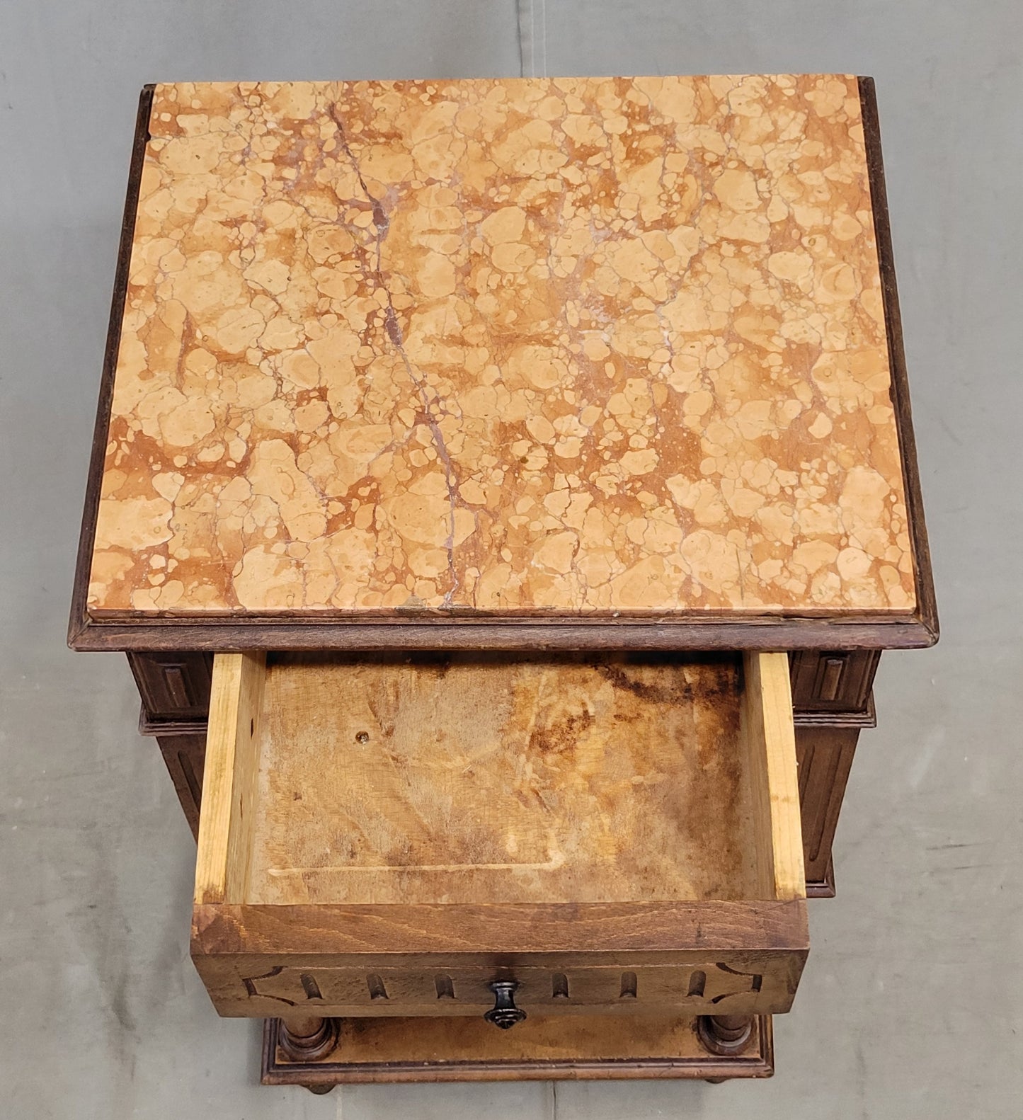 Antique French or Belgian Walnut Nightstands With Italian Marble - A Near Pair