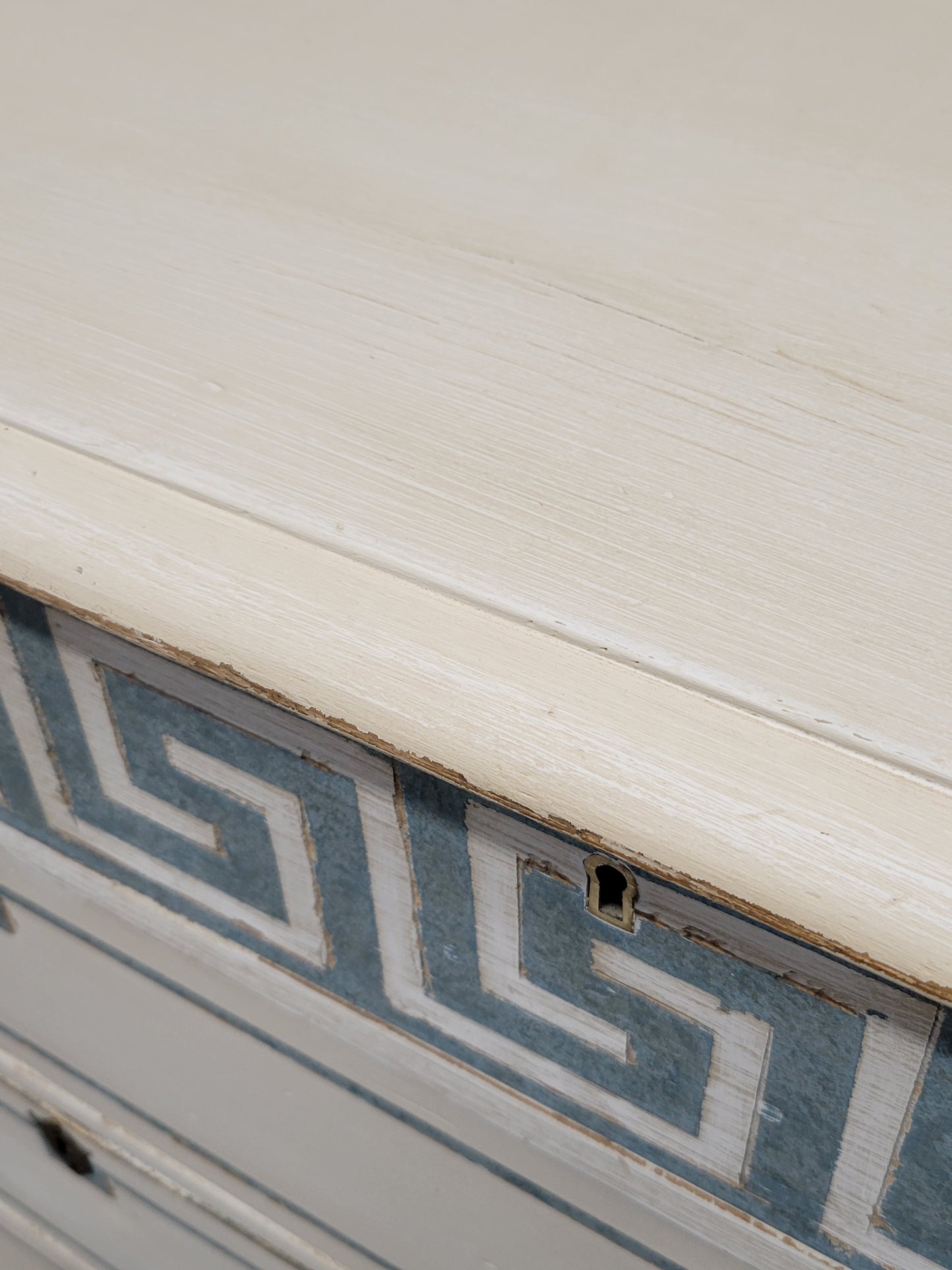 Antique English Pine Painted Dresser Chest of Drawers with Greek Key Motif