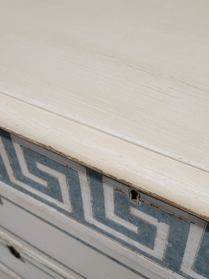 Antique English Pine Painted Dresser Chest of Drawers with Greek Key Motif