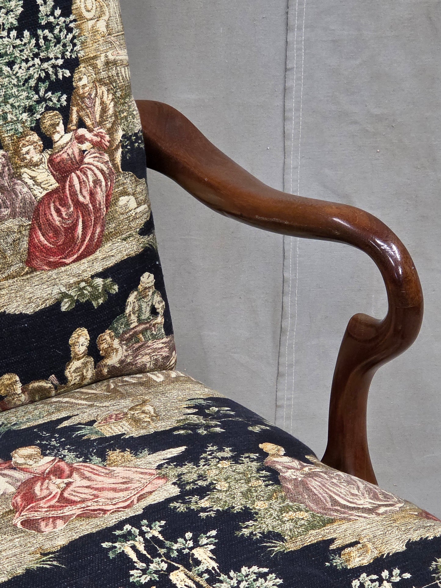 Pair of Vintage Queen Anne Chairs and Ottoman with Black Toile Upholstery