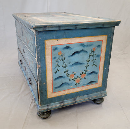 Antique 19th Century Scandinavian Blanket Chest With Drawer and Original Blue Paint