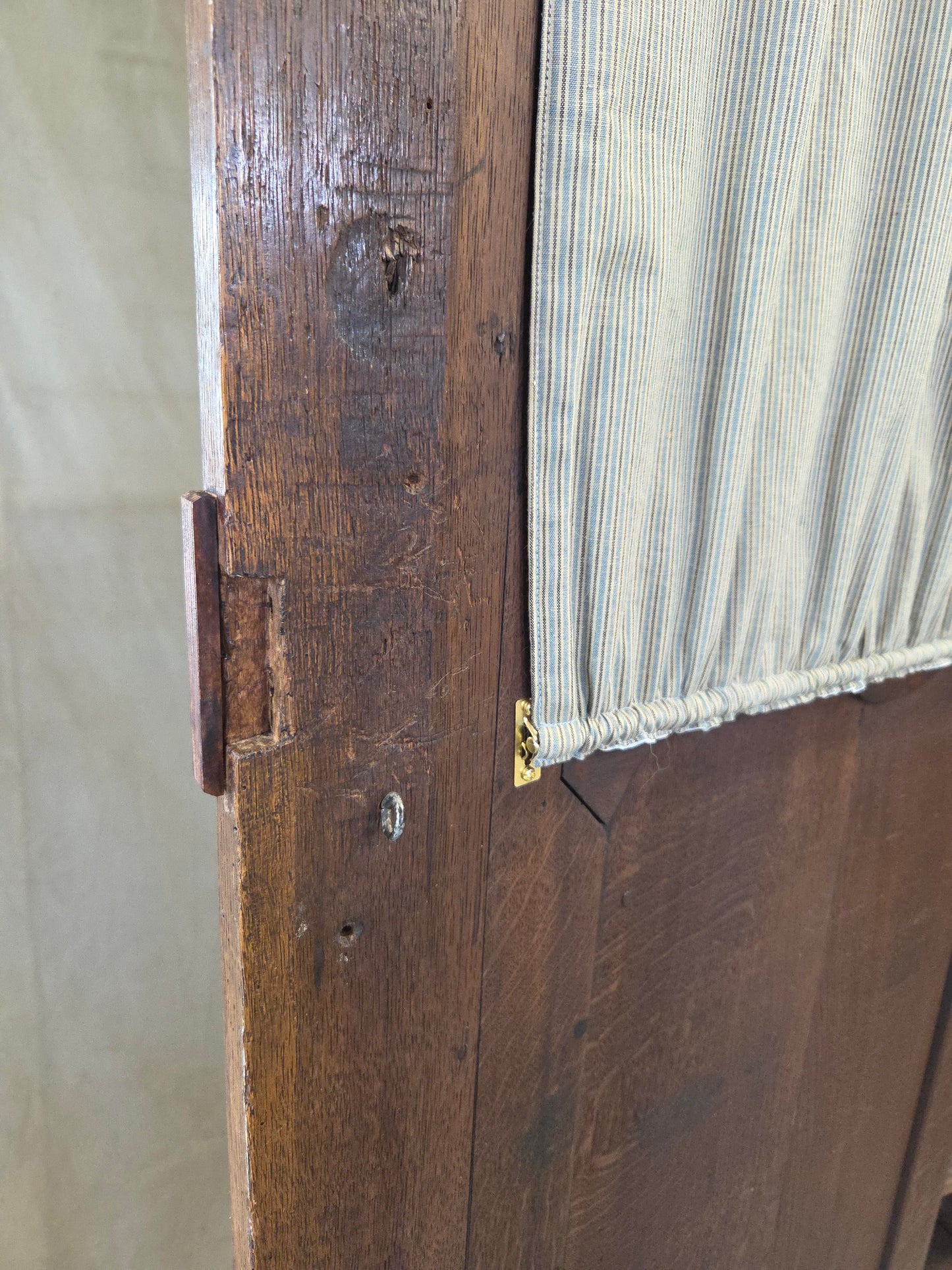 Antique French Provincial Wardrobe with Wire Grills and Interior Blue Curtains