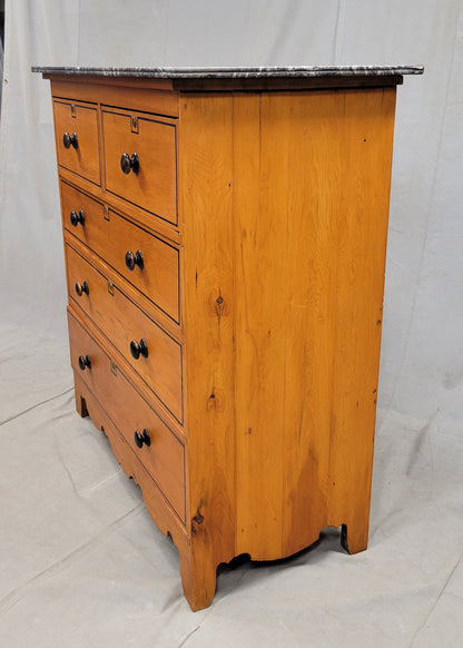 Antique English Pine Dresser With Painted French Line Motif and Marble Top