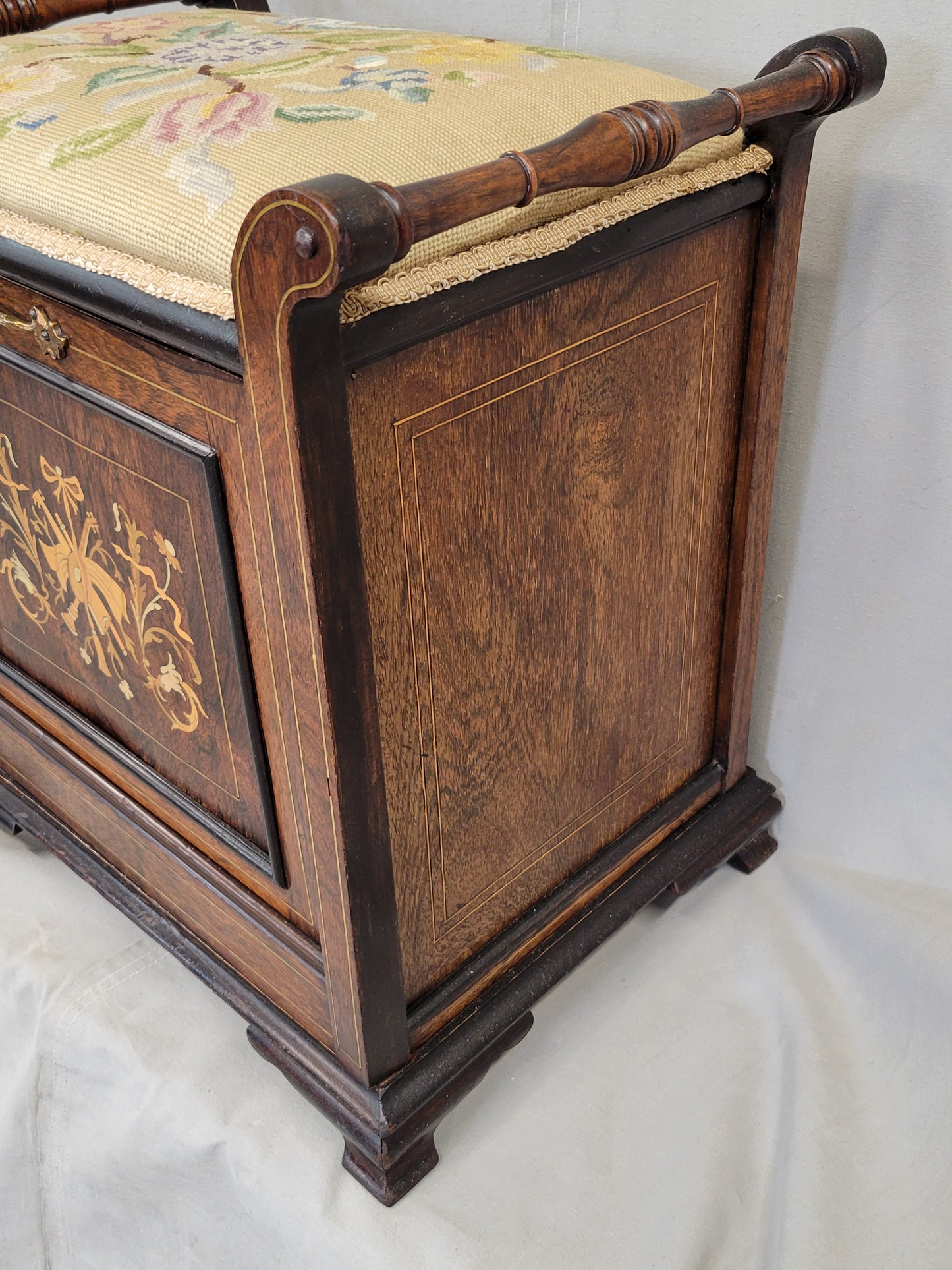 Antique English Edwardian Mahogany Inlay and Needelpoint Piano Stool