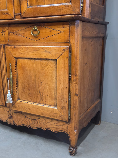 Antique French Elm Deux Corps Buffet Cabinet With Inlay and Fitted Interior