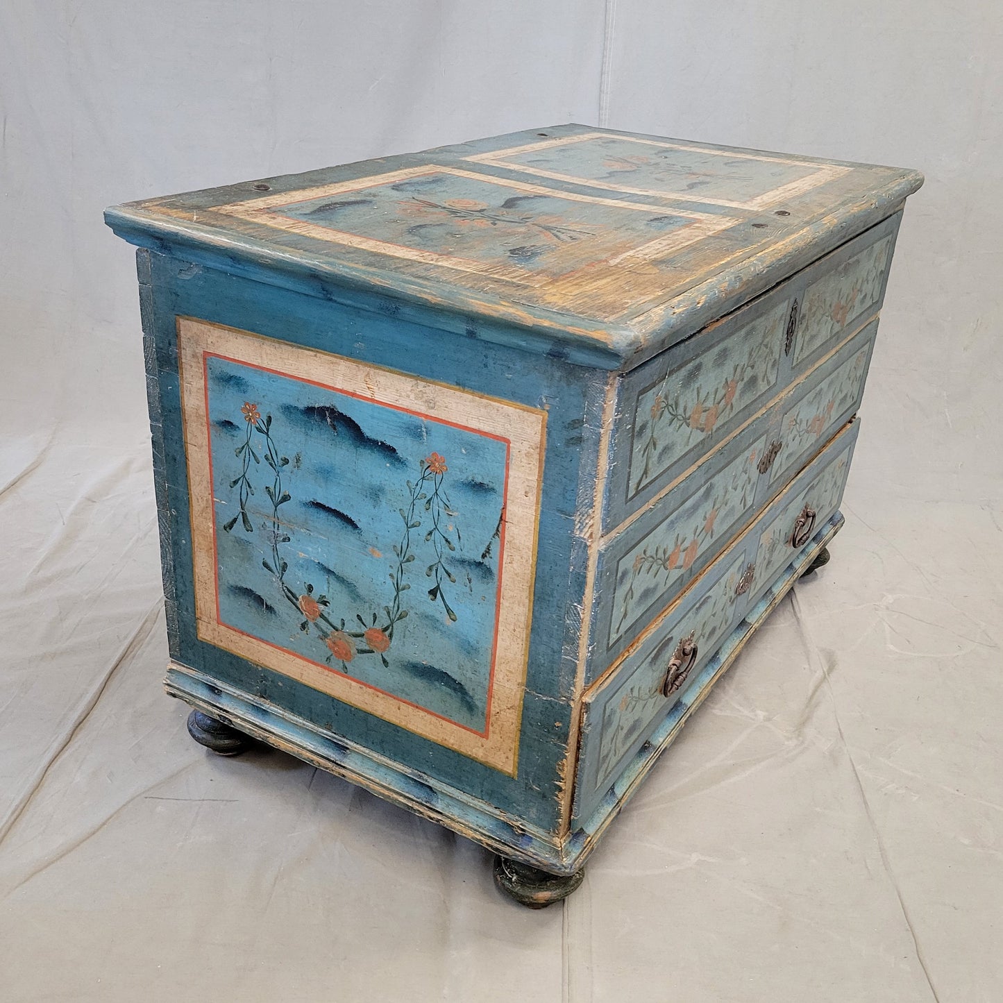 Antique 19th Century Scandinavian Blanket Chest With Drawer and Original Blue Paint