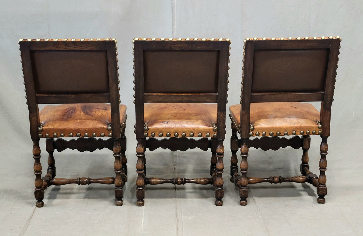 Antique Spanish or Renaissance Revival Oak and Leather Side Chairs - Set of 3