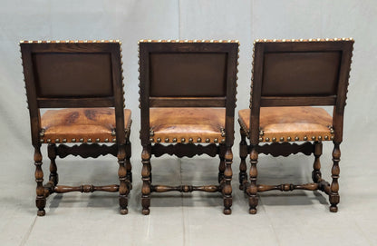 Antique Spanish or Renaissance Revival Oak and Leather Side Chairs - Set of 3