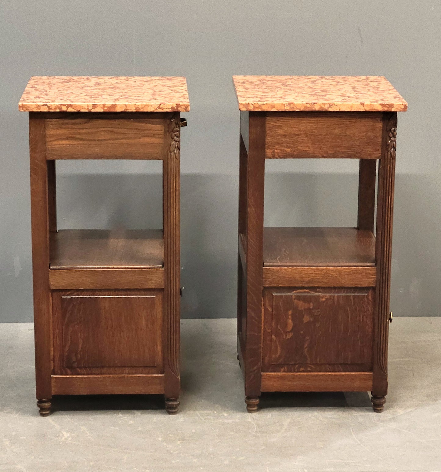 Antique European Oak and Italian Marble Pot Cupboards Nightstands - a Pair