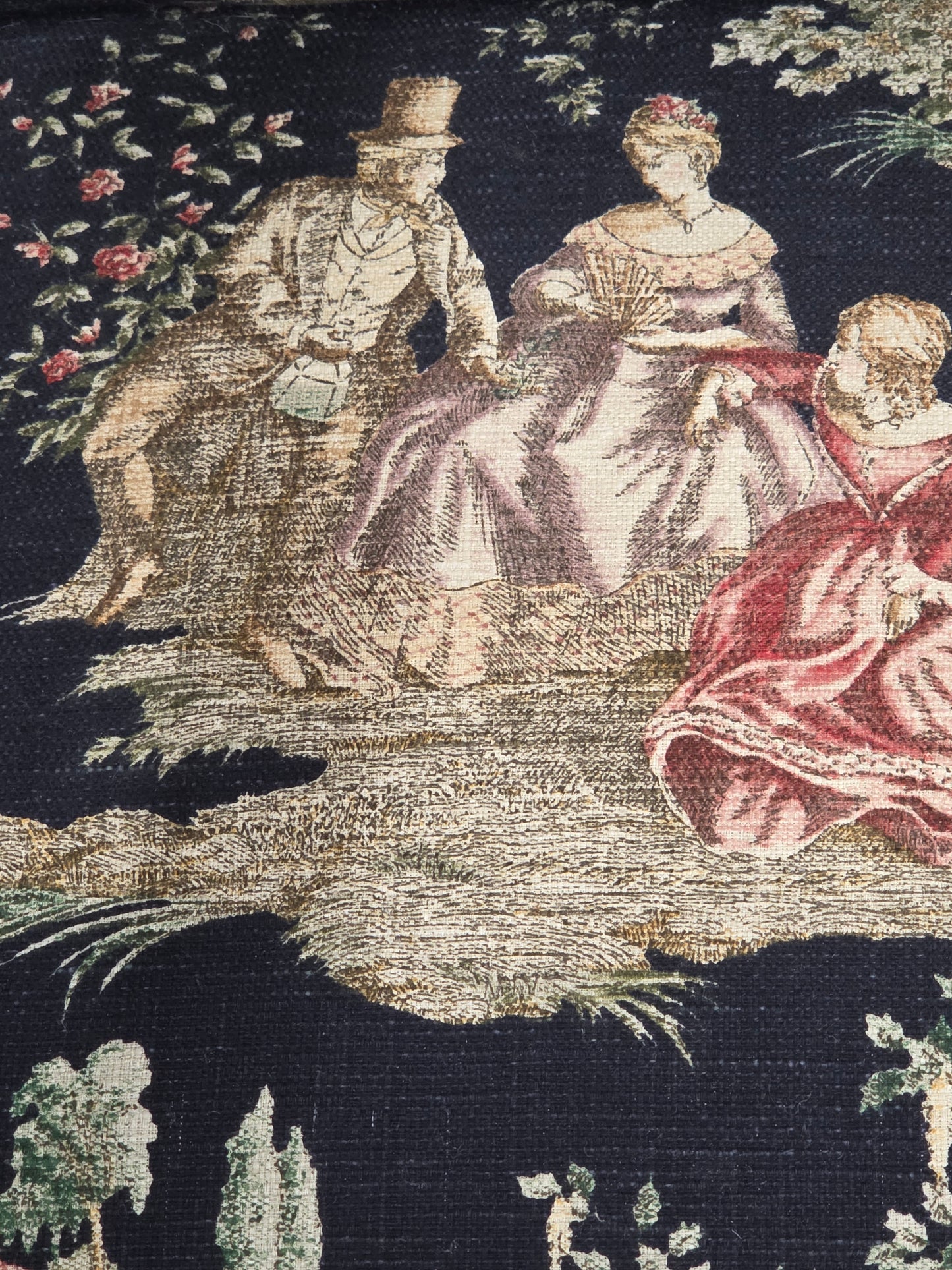 Pair of Vintage Queen Anne Chairs and Ottoman with Black Toile Upholstery