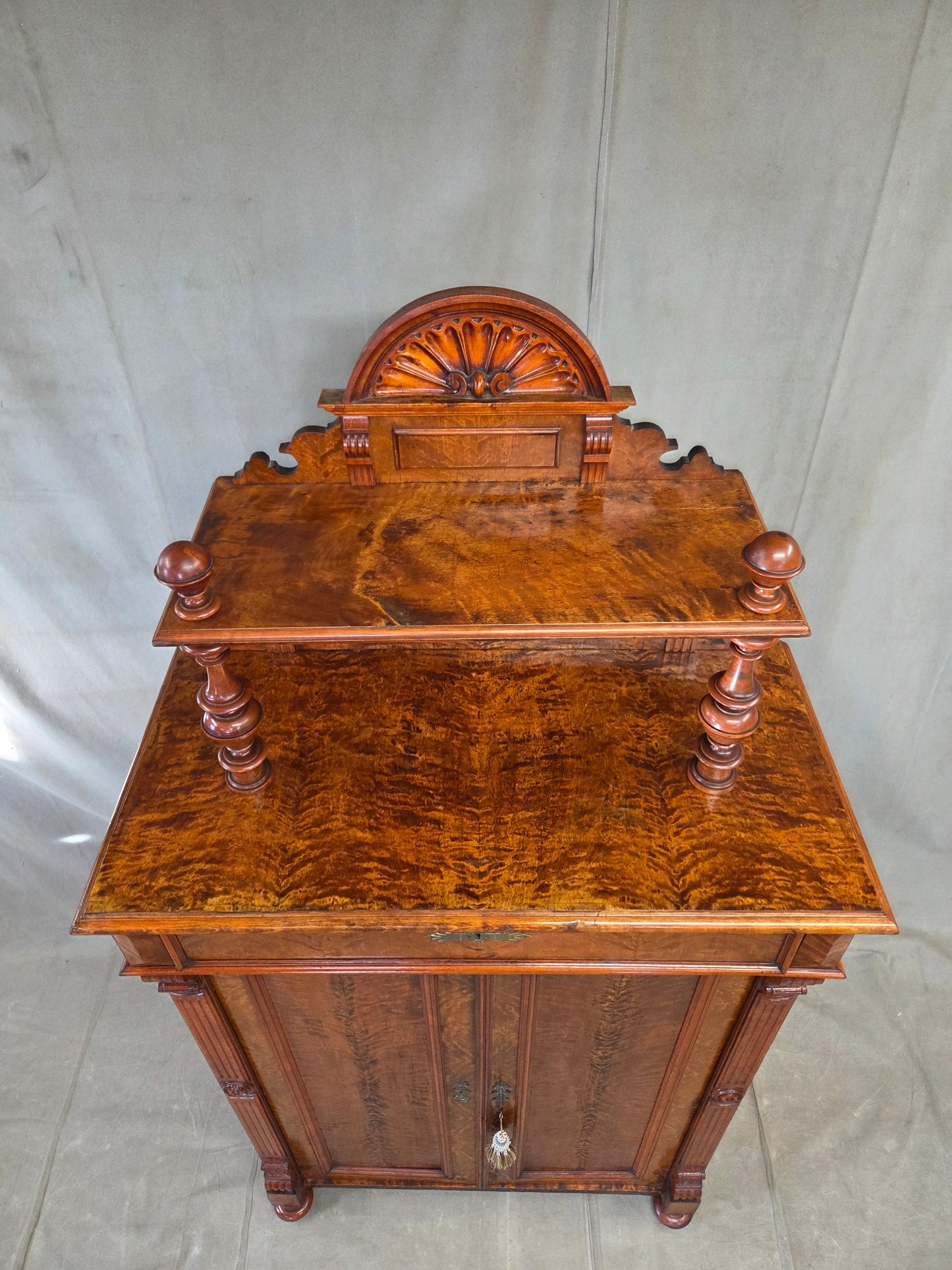 Antique 19th Century German Wilhelmenian Flame Birch Vertical Buffet Sideboard