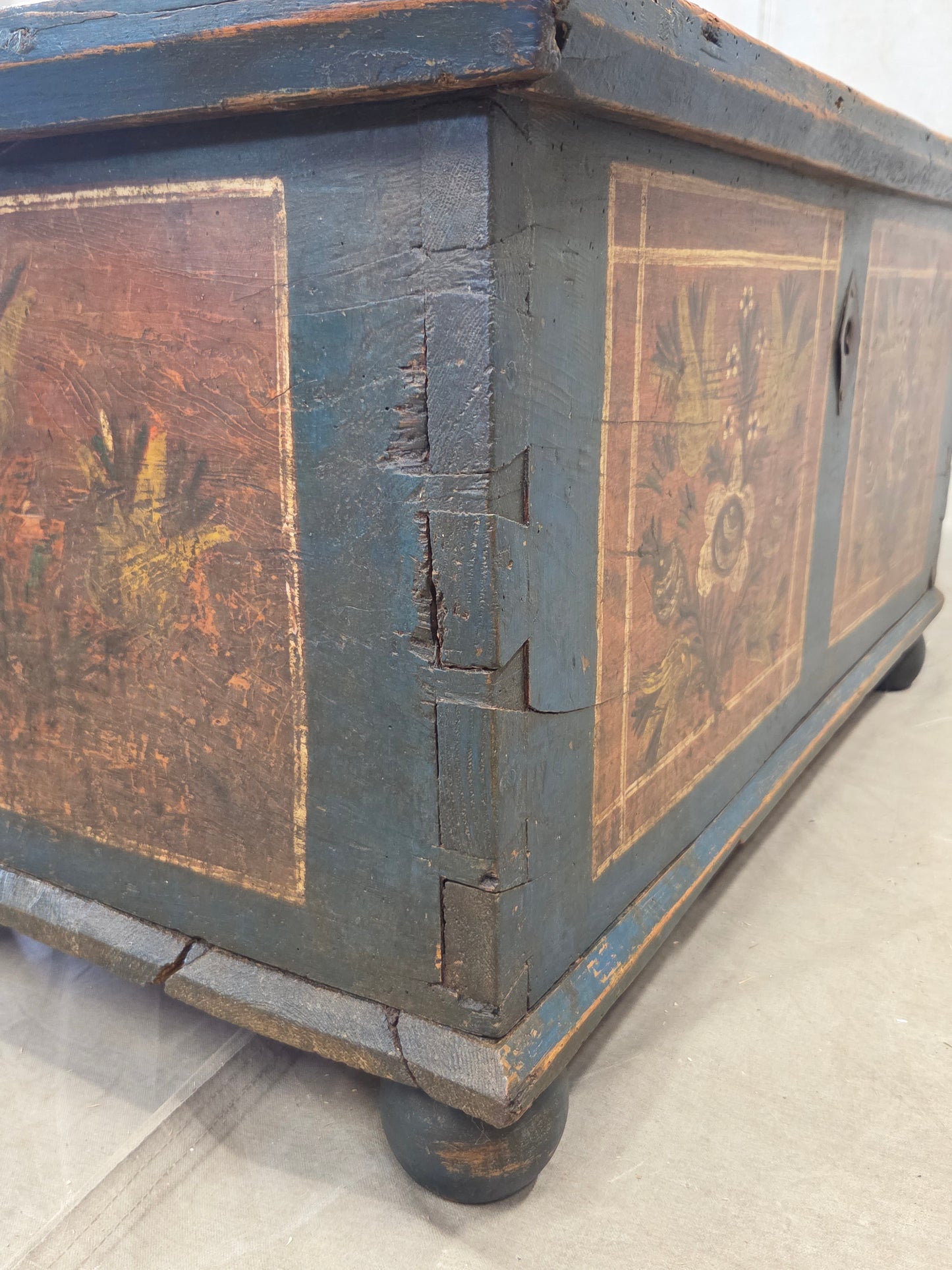 Antique 19th Century German or Austrian Original Blue Painted Pine Blanket Chest