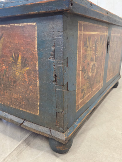 Antique 19th Century German or Austrian Original Blue Painted Pine Blanket Chest